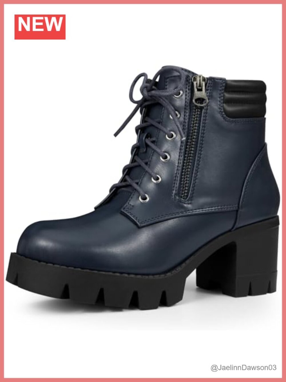 Women Chunky Heel Lace Up Platform Combat Boots Round Toe Faux Leather